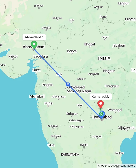 Route map showing distance and travel time from Ahmedabad, India to Kamareddy, India