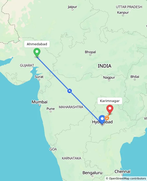 Route map showing distance and travel time from Ahmedabad, India to Karimnagar, India