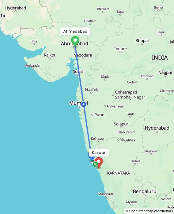 Route map showing distance and travel time from Ahmedabad, India to Karwar, India