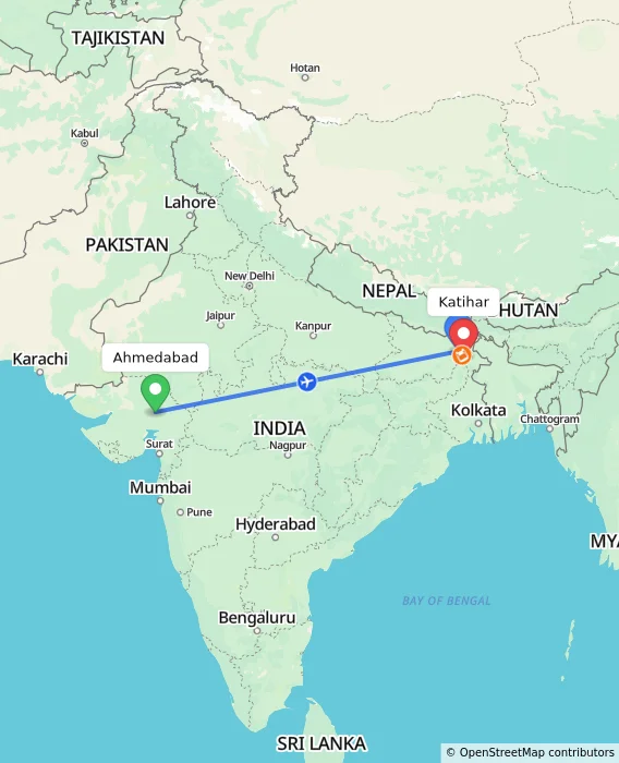Route map showing distance and travel time from Ahmedabad, India to Katihar, India