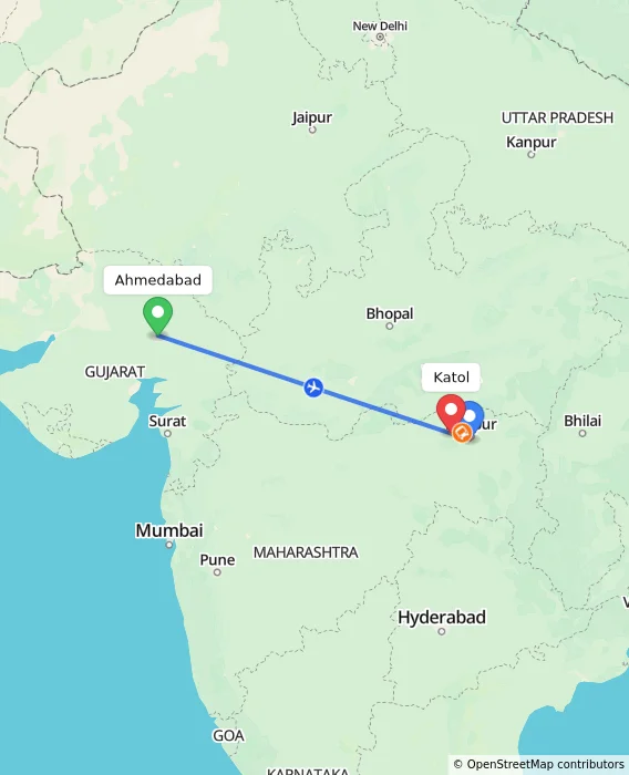 Route map showing distance and travel time from Ahmedabad, India to Katol, India