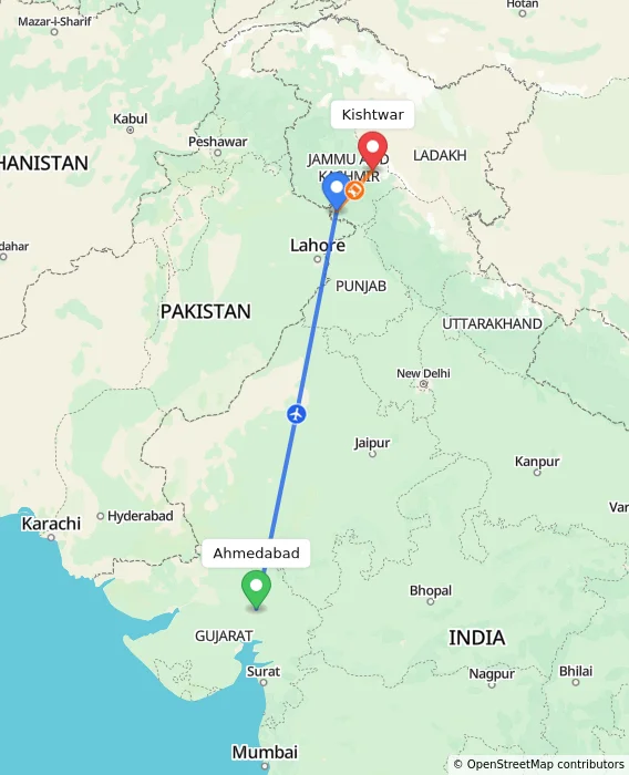 Route map showing distance and travel time from Ahmedabad, India to Kishtwar, India