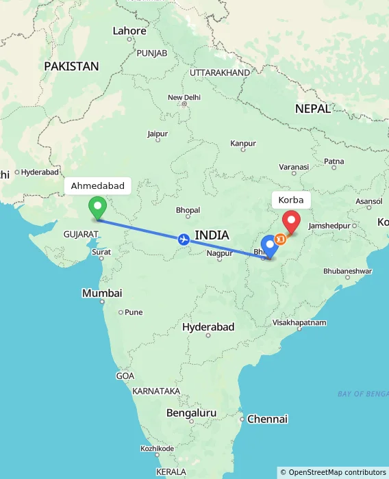 Route map showing distance and travel time from Ahmedabad, India to Korba, India