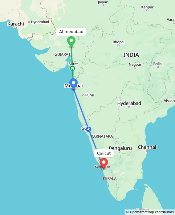 Route map showing distance and travel time from Ahmedabad, India to Kozhikode, India