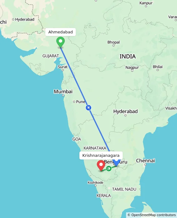 Route map showing distance and travel time from Ahmedabad, India to Krishnarajanagara, India