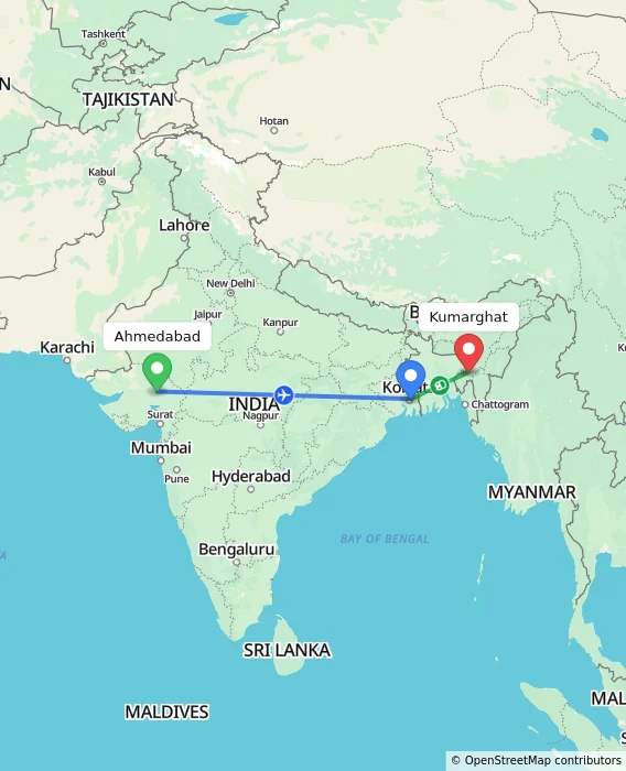 Route map showing distance and travel time from Ahmedabad, India to Kumarghat, India