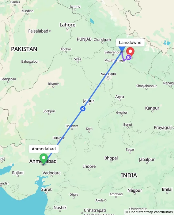 Route map showing distance and travel time from Ahmedabad, India to Lansdowne, India
