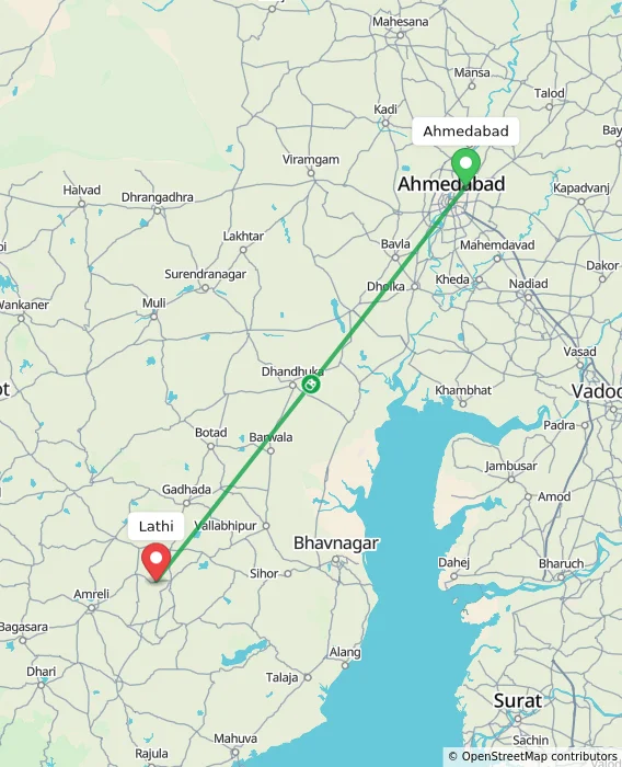 Route map showing distance and travel time from Ahmedabad, India to Lathi, India