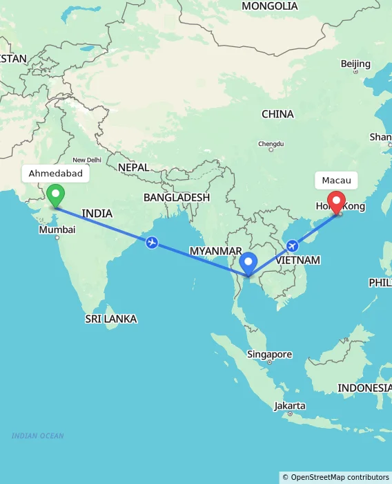 Route map showing distance and travel time from Ahmedabad, India to Macau, Macau (Special Administrative Region of China)