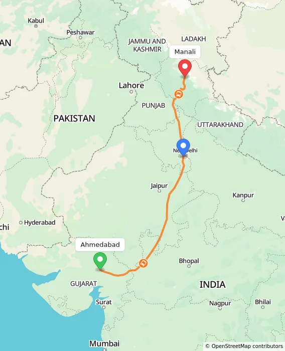 Route map showing distance and travel time from Ahmedabad, India to Manali, India