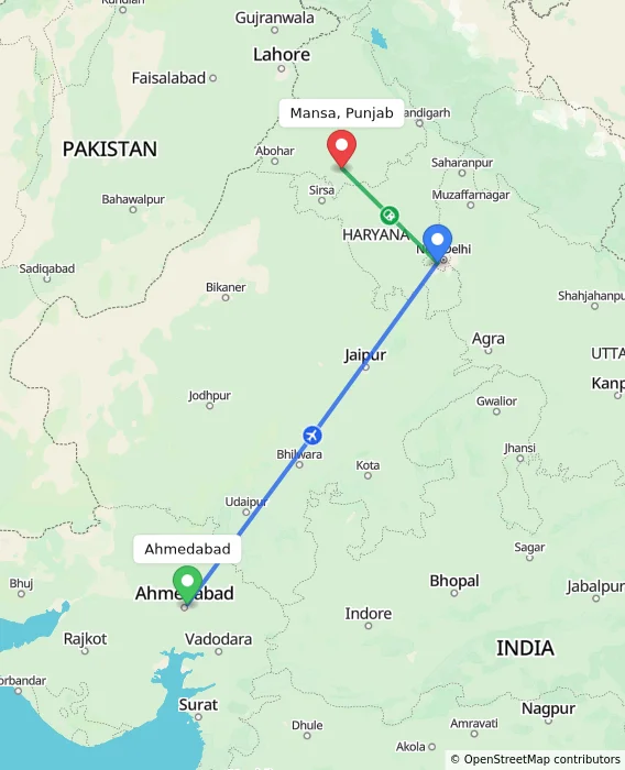 Route map showing distance and travel time from Ahmedabad, India to Mansa, Punjab, India