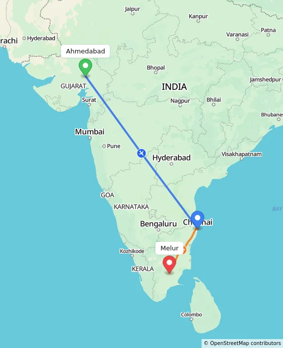 Route map showing distance and travel time from Ahmedabad, India to Melur, India