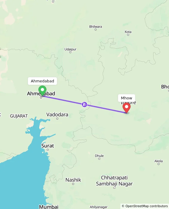 Route map showing distance and travel time from Ahmedabad, India to Mhow, India