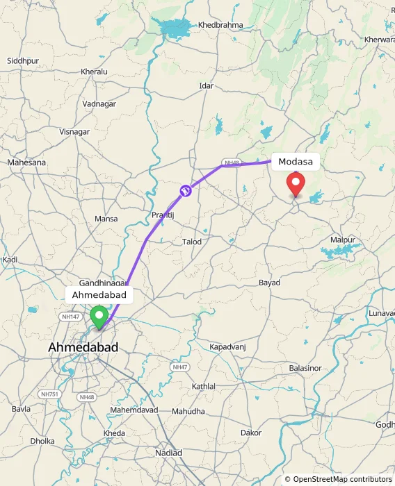 Route map showing distance and travel time from Ahmedabad, India to Modasa, India