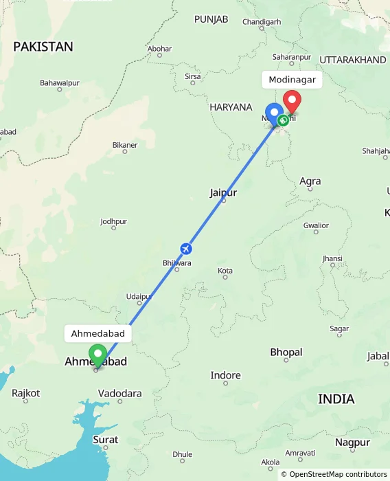 Route map showing distance and travel time from Ahmedabad, India to Modinagar, India