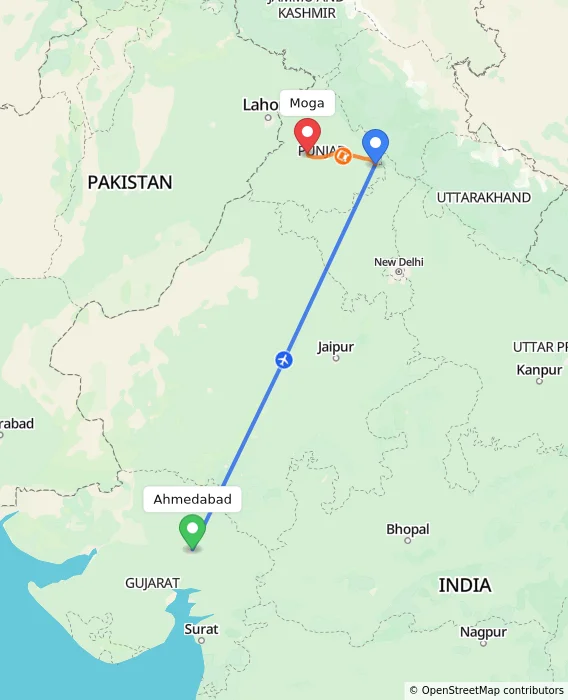 Route map showing distance and travel time from Ahmedabad, India to Moga, India