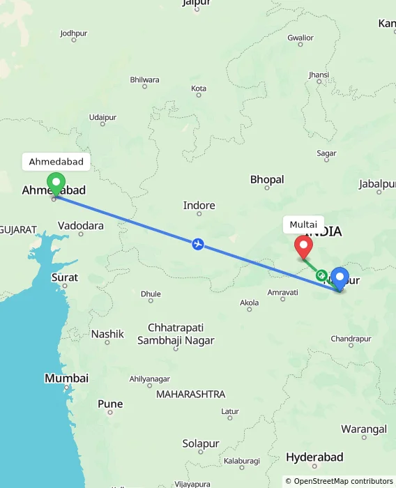 Route map showing distance and travel time from Ahmedabad, India to Multai, India