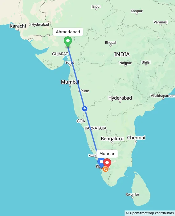 Route map showing distance and travel time from Ahmedabad, India to Munnar, India