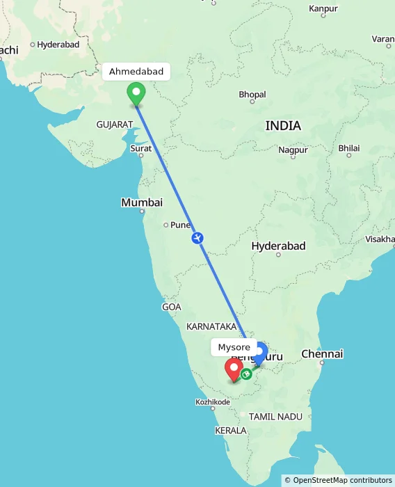 Route map showing distance and travel time from Ahmedabad, India to Mysore, India