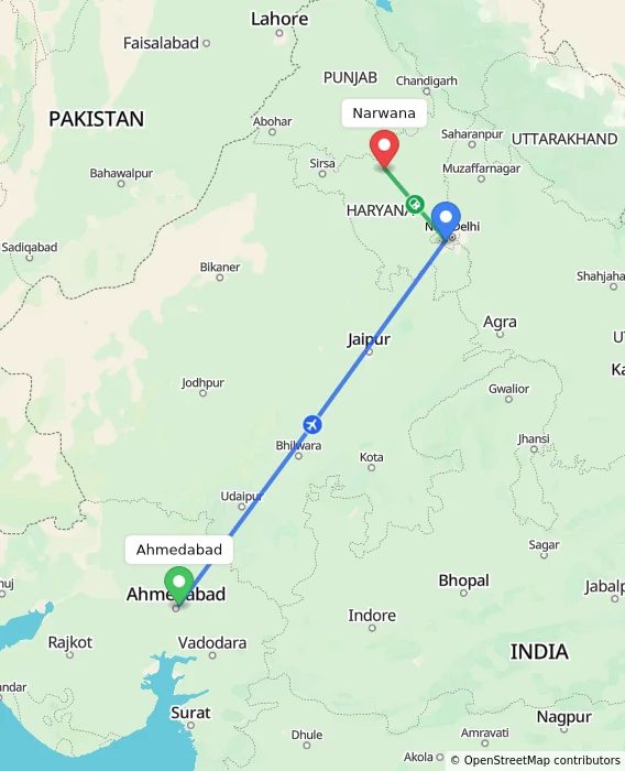 Route map showing distance and travel time from Ahmedabad, India to Narwana, India