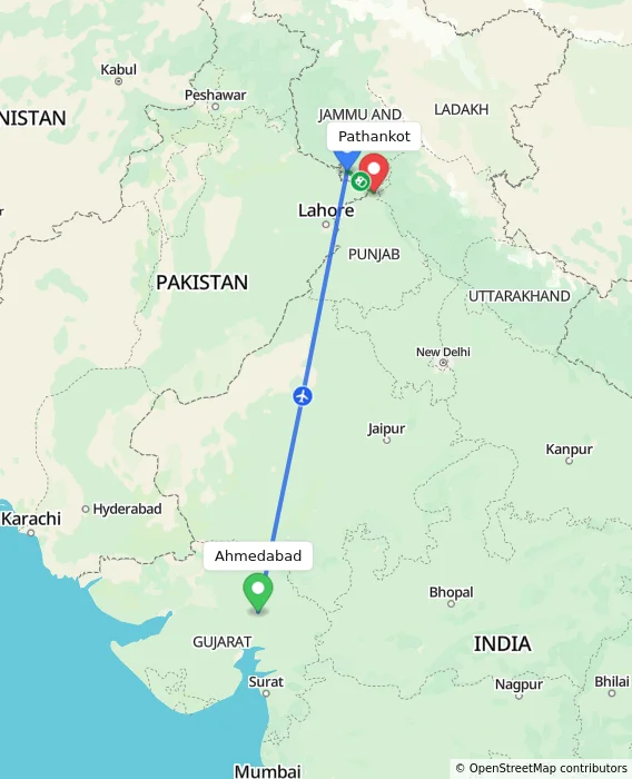 Route map showing distance and travel time from Ahmedabad, India to Pathankot, India