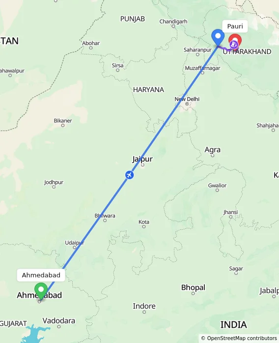 Route map showing distance and travel time from Ahmedabad, India to Pauri, India