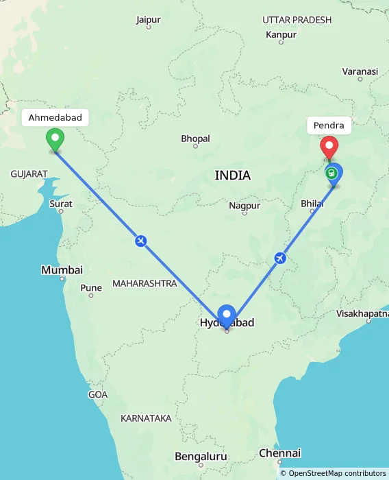 Route map showing distance and travel time from Ahmedabad, India to Pendra, India