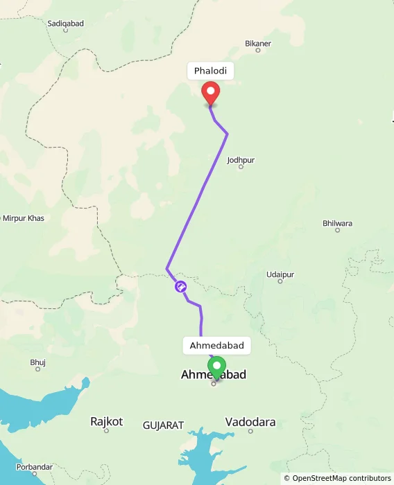 Route map showing distance and travel time from Ahmedabad, India to Phalodi, India