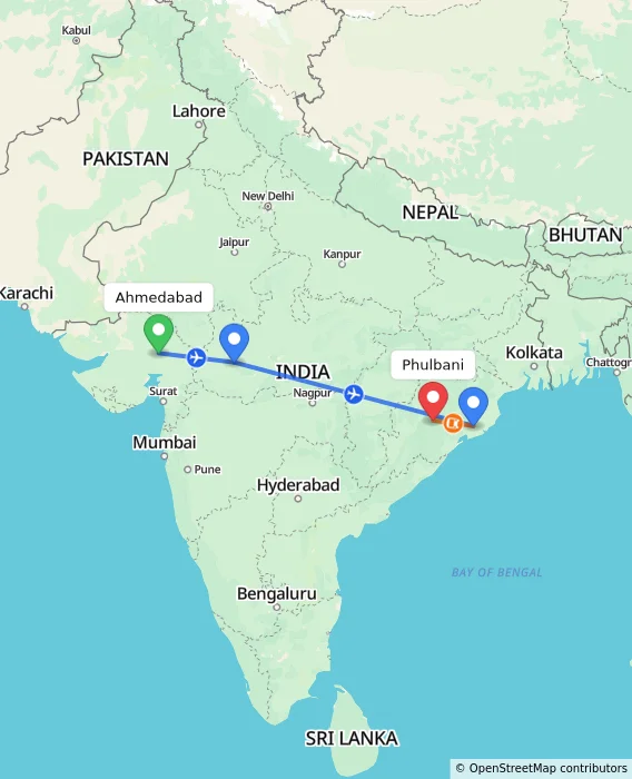 Route map showing distance and travel time from Ahmedabad, India to Phulbani, India