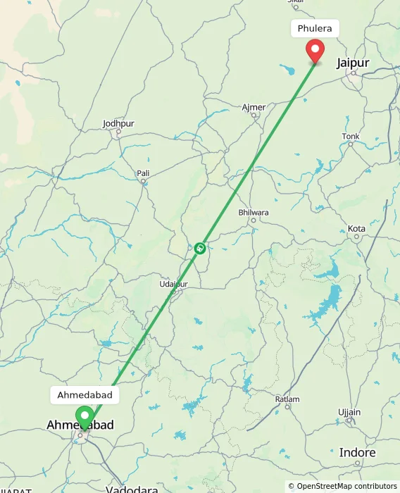 Route map showing distance and travel time from Ahmedabad, India to Phulera, India