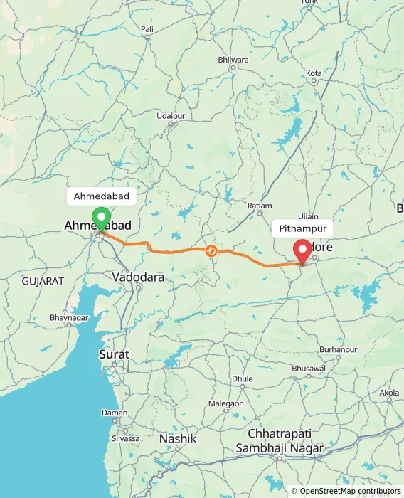 Route map showing distance and travel time from Ahmedabad, India to Pithampur, India