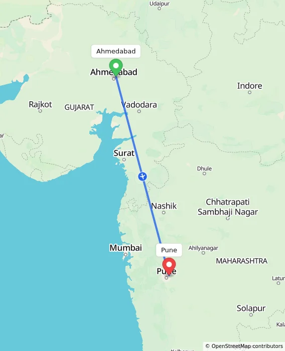 Route map showing distance and travel time from Ahmedabad, India to Pune, India