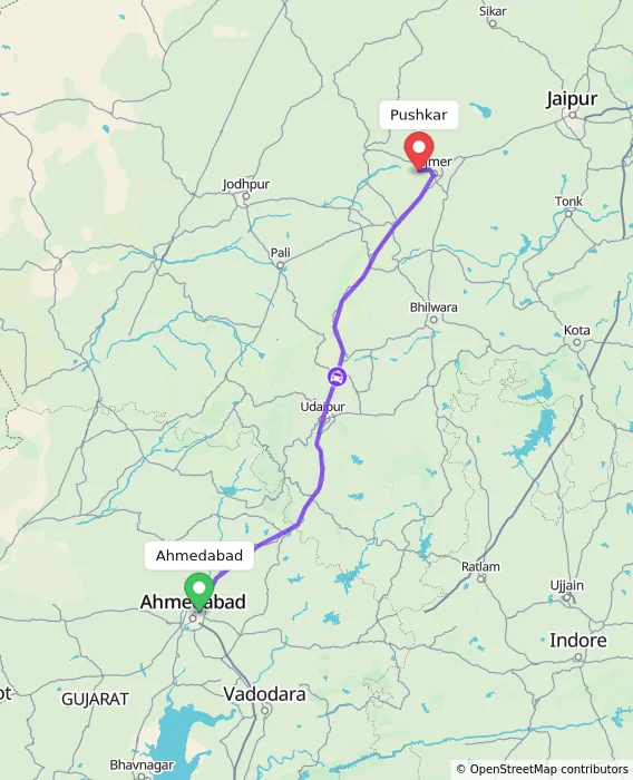Route map showing distance and travel time from Ahmedabad, India to Pushkar, India