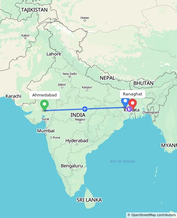 Route map showing distance and travel time from Ahmedabad, India to Ranaghat, India