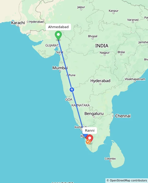 Route map showing distance and travel time from Ahmedabad, India to Ranni, India
