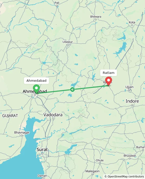 Route map showing distance and travel time from Ahmedabad, India to Ratlam, India