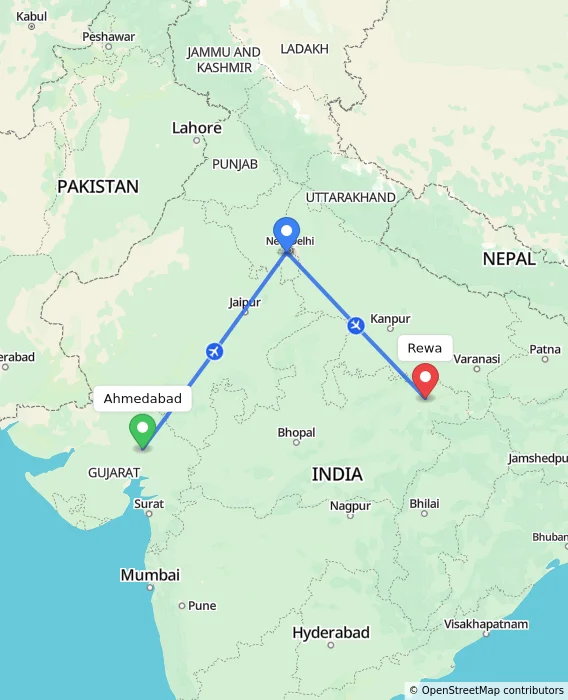 Route map showing distance and travel time from Ahmedabad, India to Rewa, India