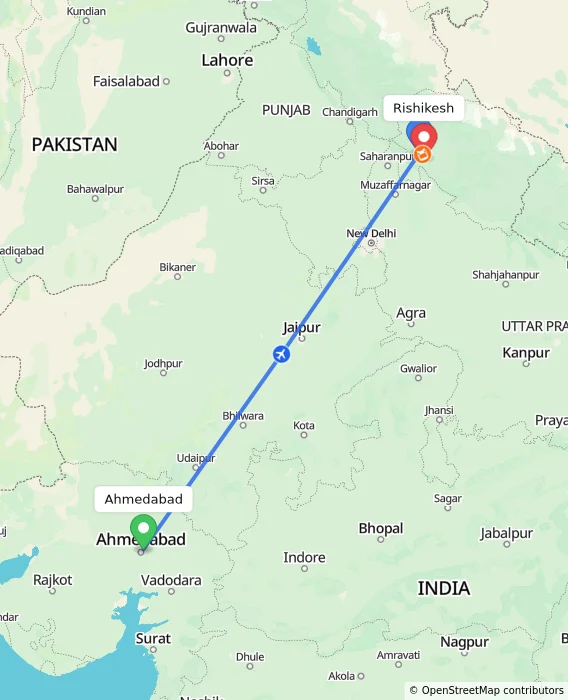 Route map showing distance and travel time from Ahmedabad, India to Rishikesh, India