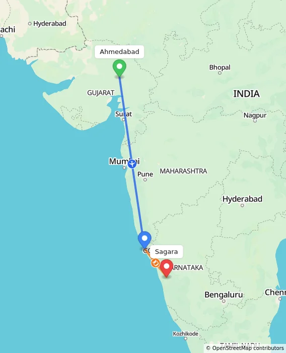 Route map showing distance and travel time from Ahmedabad, India to Sagara, India