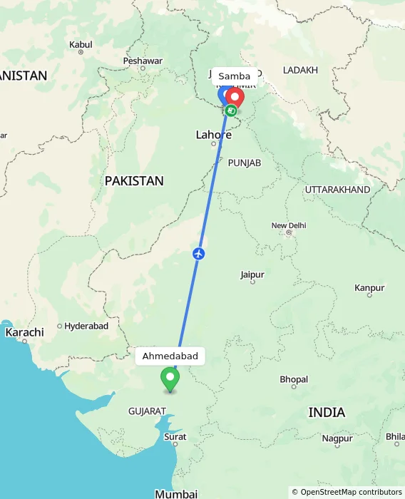 Route map showing distance and travel time from Ahmedabad, India to Samba, India