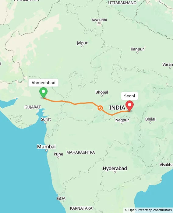 Route map showing distance and travel time from Ahmedabad, India to Seoni, India