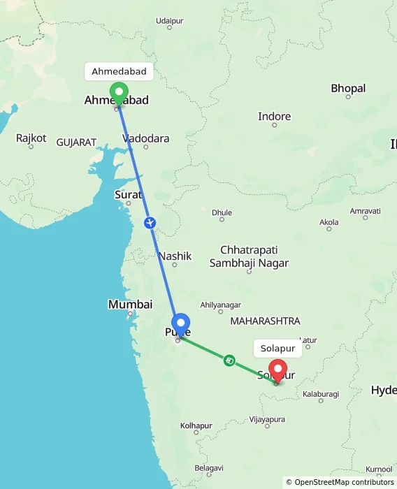 Route map showing distance and travel time from Ahmedabad, India to Solapur, India