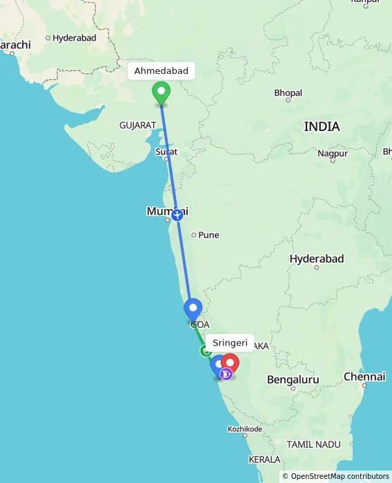 Route map showing distance and travel time from Ahmedabad, India to Sringeri, India