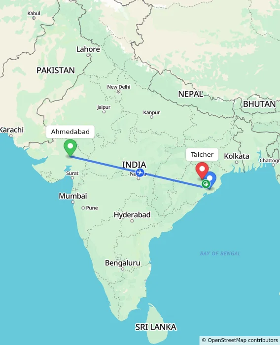 Route map showing distance and travel time from Ahmedabad, India to Talcher, India