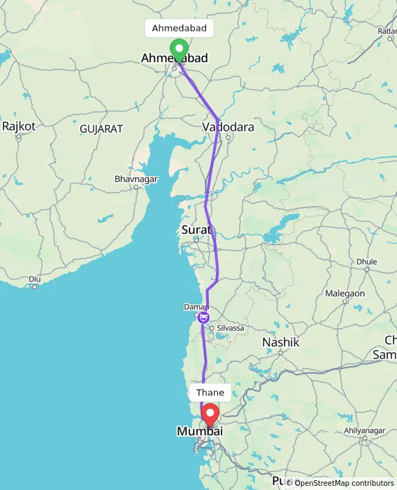 Route map showing distance and travel time from Ahmedabad, India to Thane, India