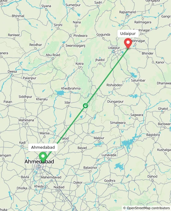 Route map showing distance and travel time from Ahmedabad, India to Udaipur, India