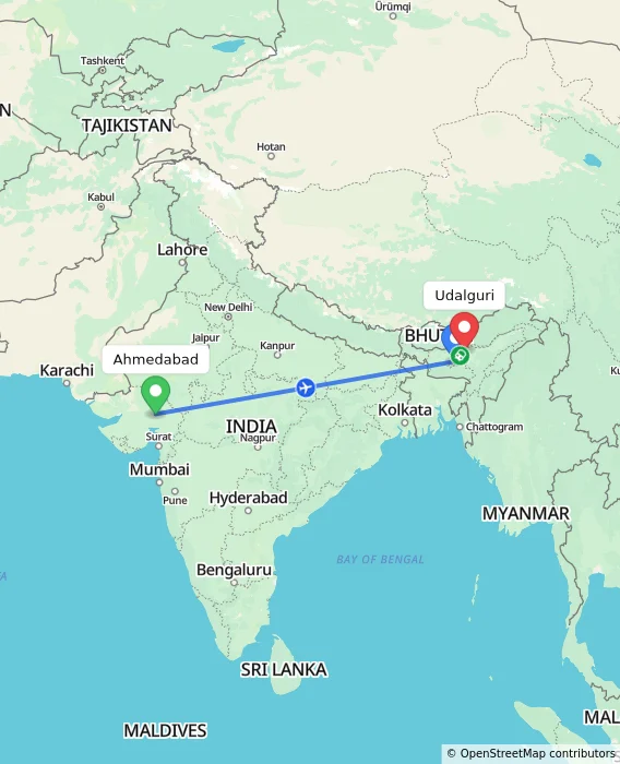 Route map showing distance and travel time from Ahmedabad, India to Udalguri, India