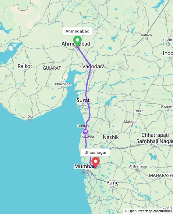 Route map showing distance and travel time from Ahmedabad, India to Ulhasnagar, India
