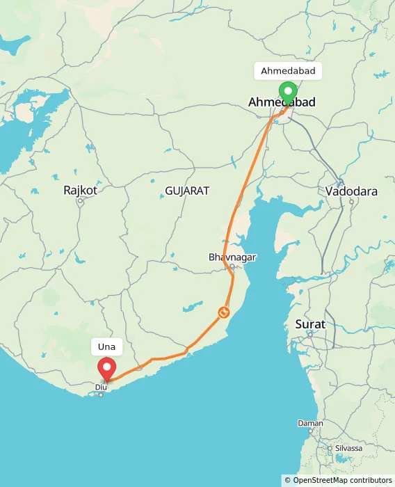 Route map showing distance and travel time from Ahmedabad, India to Una, India