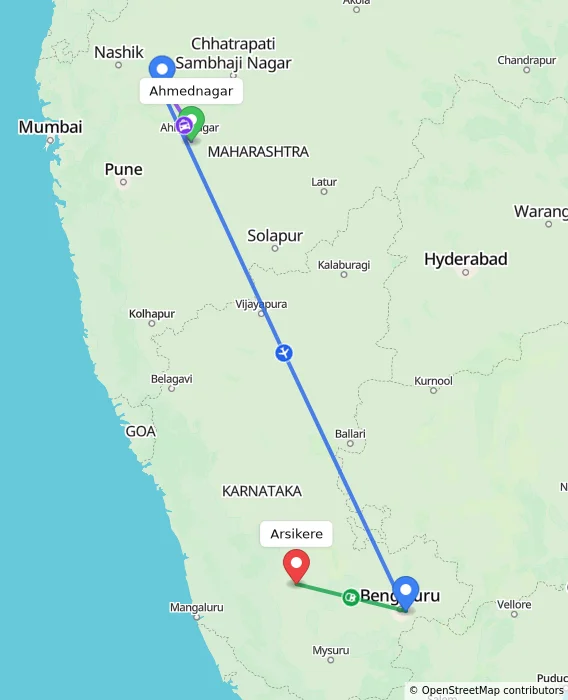 Route map showing distance and travel time from Ahmednagar, India to Arsikere, India
